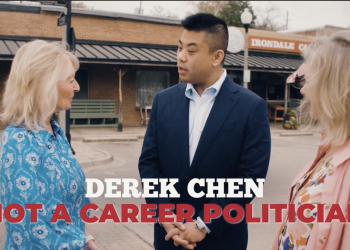 This is a screenshot from the ad of Derek Chen talking to two white women.