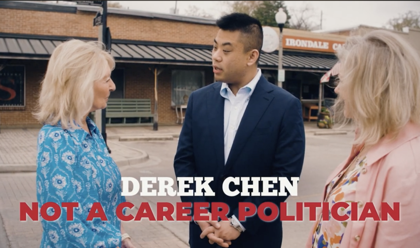 This is a screenshot from the ad of Derek Chen talking to two white women.