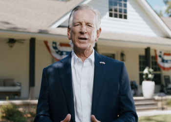 This is a screenshot of Tuberville speaking in his new ad about education