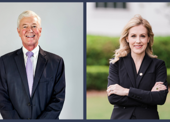 This is a side by side of headshots of attorney general candidates Jeff McLaughlin and Katherine Robertson