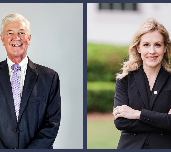 This is a side by side of headshots of attorney general candidates Jeff McLaughlin and Katherine Robertson