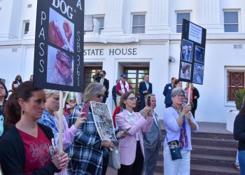 This is picture of a crowd on the State House steps.