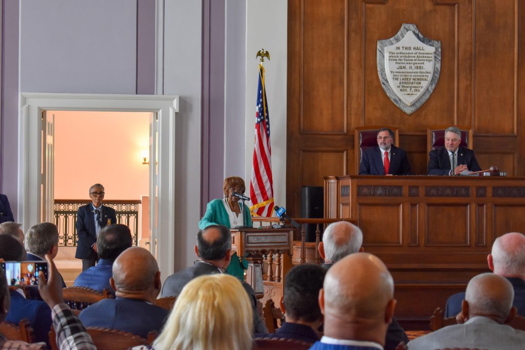This is a picture of Barbara Boyd speaking in the Old House Chamber.