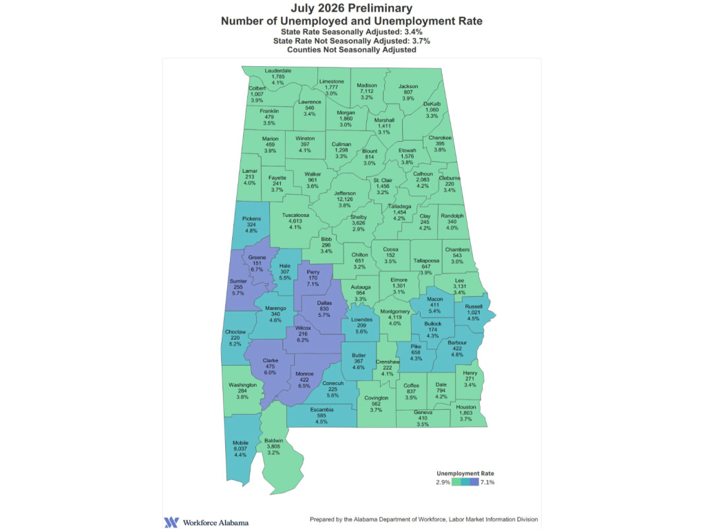 This is a chloropleth map of Alabama's unemployment rates in July